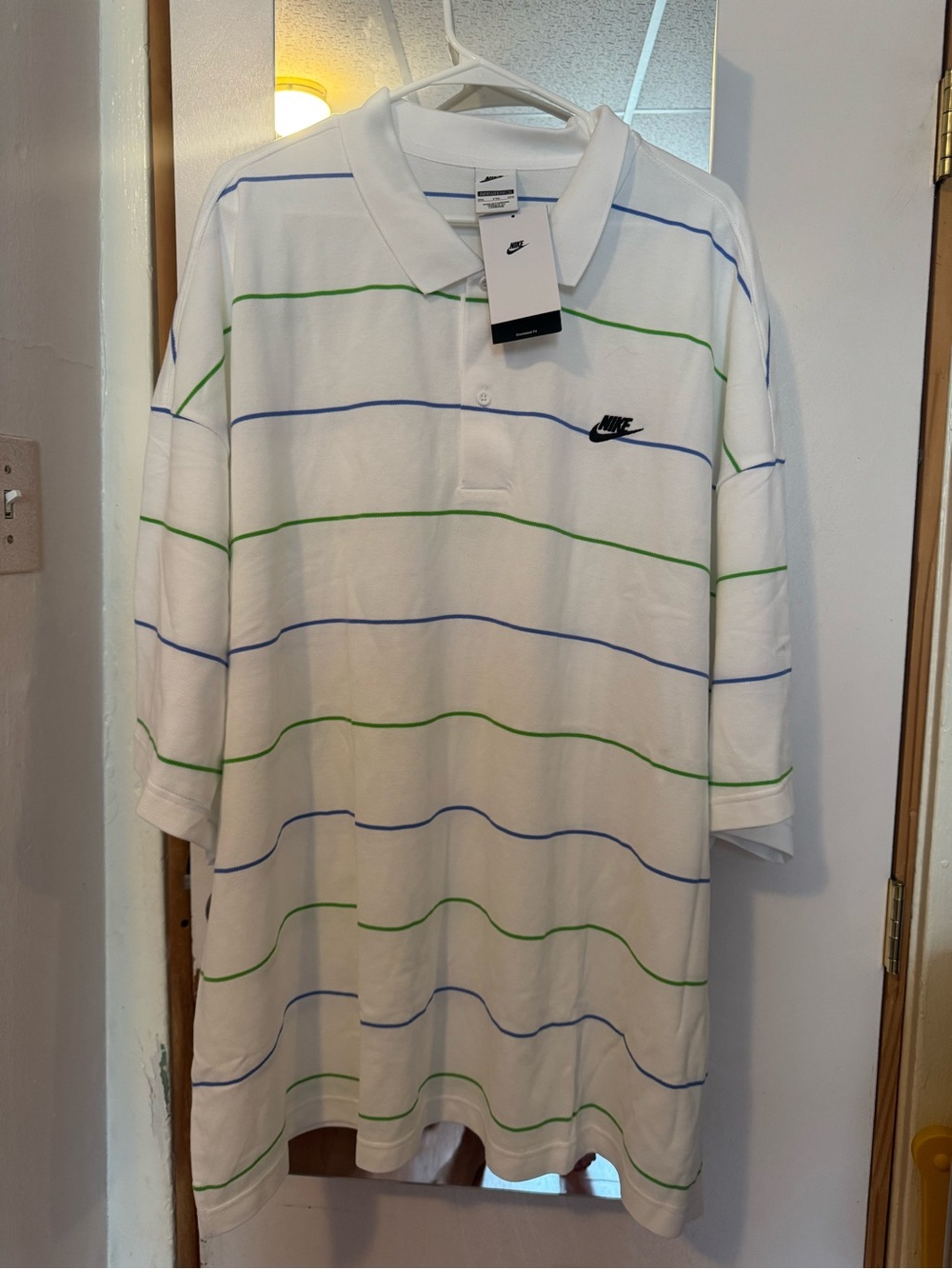 Nike White Polo with Blue & Green Stripes